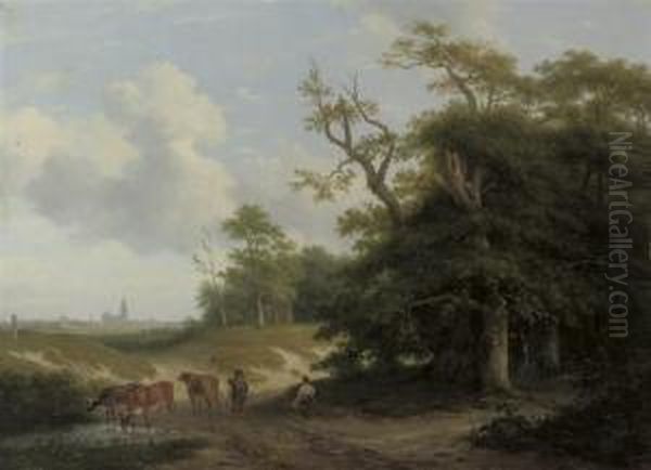 Cows In A Landscape With Farmers And Trees, A City In Thebackground Oil Painting by Pieter Daniel van der Burgh