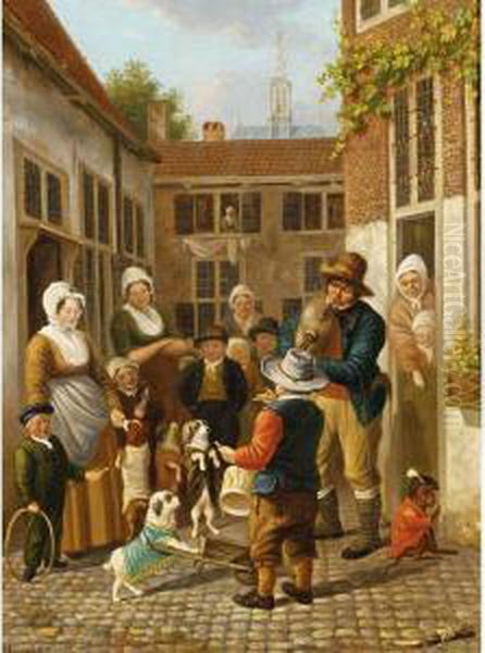 Musicians On A Square In The Hague, The Nieuwe Kerk In The Background Oil Painting by Pieter Daniel van der Burgh