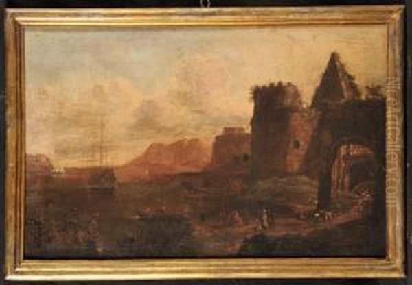 Marina Con Insenatura Portuale E Piramide Oil Painting by Adriaen Van Der Kabel