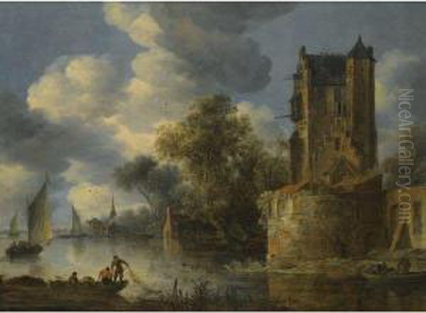 River Landscape With A Bastion Oil Painting by Adriaen Van Der Kabel