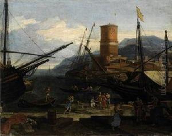 Veduta Di Porto Con Torre E Velieri Oil Painting by Adriaen Van Der Kabel