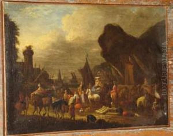 Harbour Trade Scene Oil Painting by Adriaen Van Der Kabel