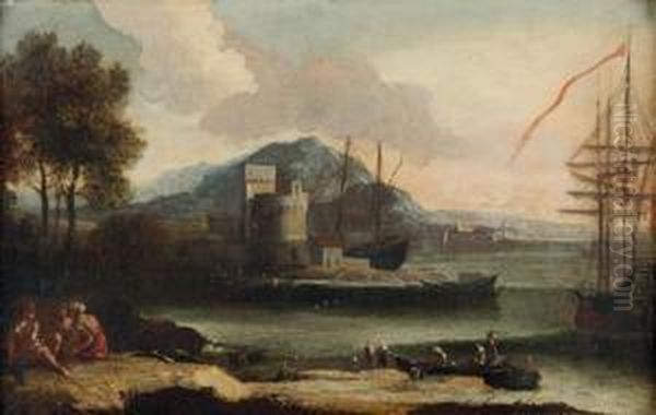 Paysage De Port Anime De Personnages Oil Painting by Adriaen Van Der Kabel