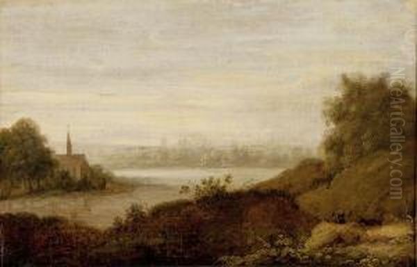 Paysage A L'eglise Au Bord D'une Riviere Oil Painting by Anthony Jansz. Van Der Croos