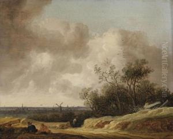 A Dune Landscape With Figures Resting Near A Track, A View Of Haarlem In The Distance Oil Painting by Anthony Jansz. Van Der Croos