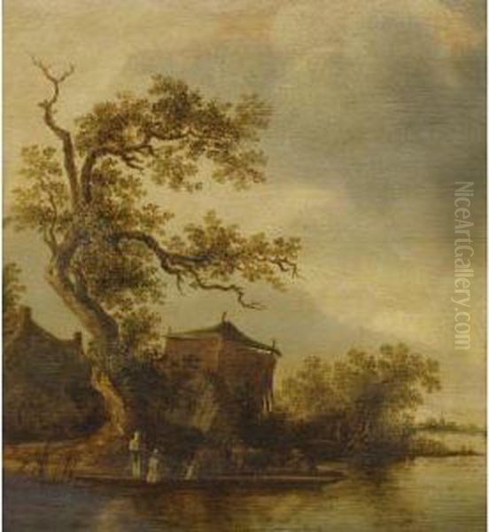 Fishermen Along A Lake With Their Cattle Oil Painting by Anthony Jansz. Van Der Croos