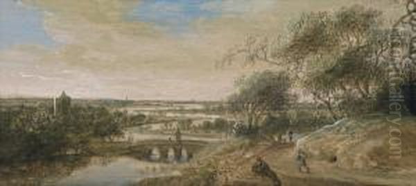 Wide River Landscape With Wanderers Oil Painting by Anthony Jansz. Van Der Croos