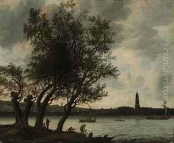 View Of Rhenen From The South Bank Of The Nederrijn Oil Painting by Anthony Jansz. Van Der Croos