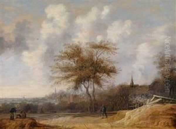 Einedunenlandschaft Vor Einer Stadt Oil Painting by Anthony Jansz. Van Der Croos