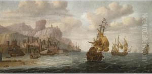 Dutch And English Shipping Off A Mediterranean Port Oil Painting by Anthony Jansz van der Croos