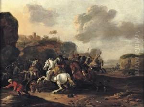 A Cavalry Skirmish In A Rocky Italianate Landscape Oil Painting by Jan Jacobsz Van Der Croos