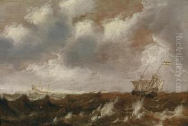 Dutch Ships In A Stormy Sea Oil Painting by Pieter Van Der Croos