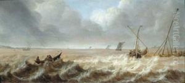 Shipping In A Stiff Breeze Oil Painting by Pieter Van Der Croos