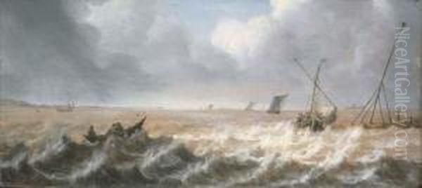 Shipping In A Stiff Sea Breeze Oil Painting by Pieter Van Der Croos