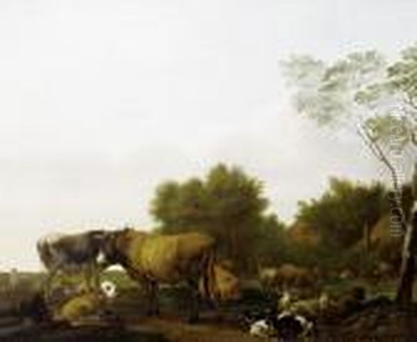 Cattle Grazing In A Meadow, Before An Open Landscape Oil Painting by Jacob Van Der Does I