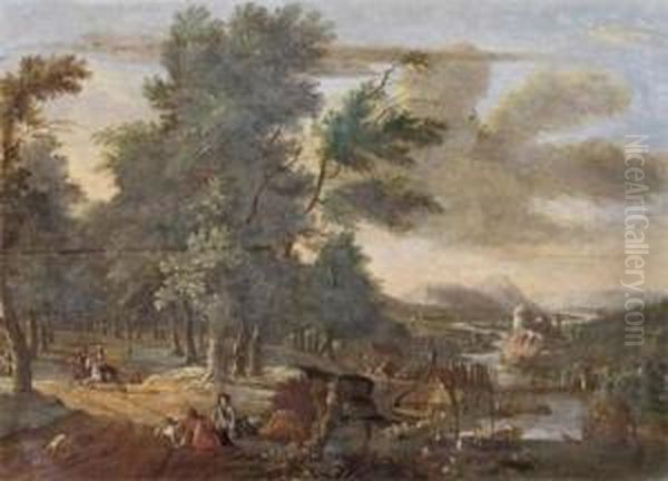 A River Landscape With Huntsmenin The Woods And A Village With Boats Loading Oil Painting by Jacob Van Der Does I