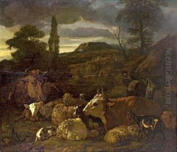 Sudliche Landschaft Mit Ruhender Viehherde Oil Painting by Jacob Van Der Does I