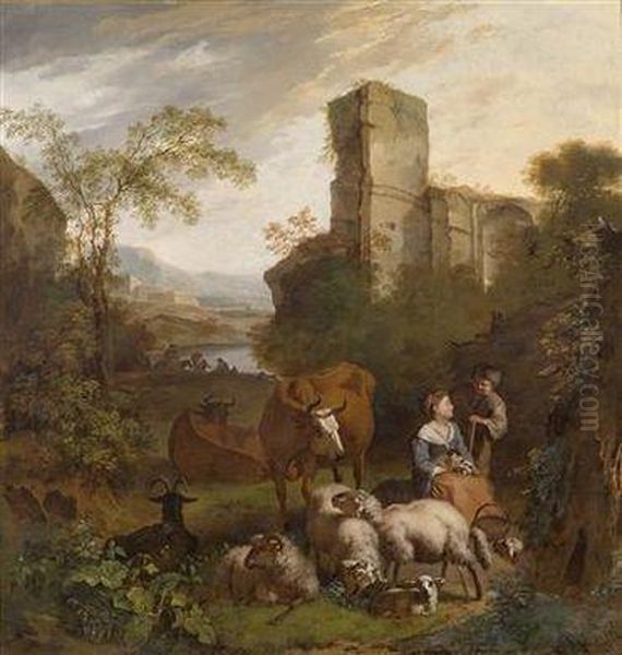 Young Pair Of Shepards In A Landscape With Resting Riders Oil Painting by Simon van der Does