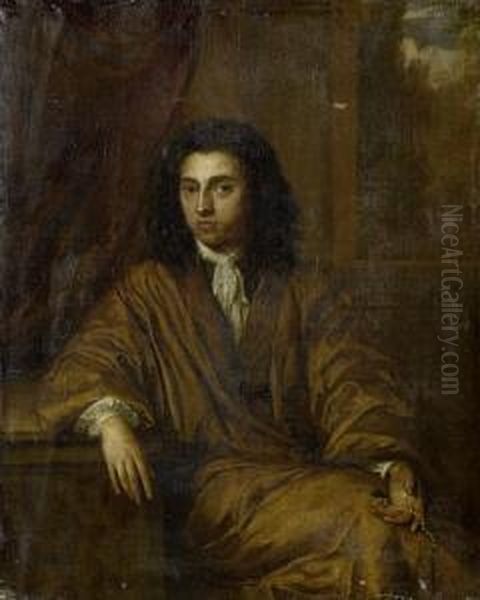 Portrait Of A Gentleman, Three-quarter-length, In Brown Costume, Seated In A Loggia And Holding A Pearl Necklace Oil Painting by Simon van der Does