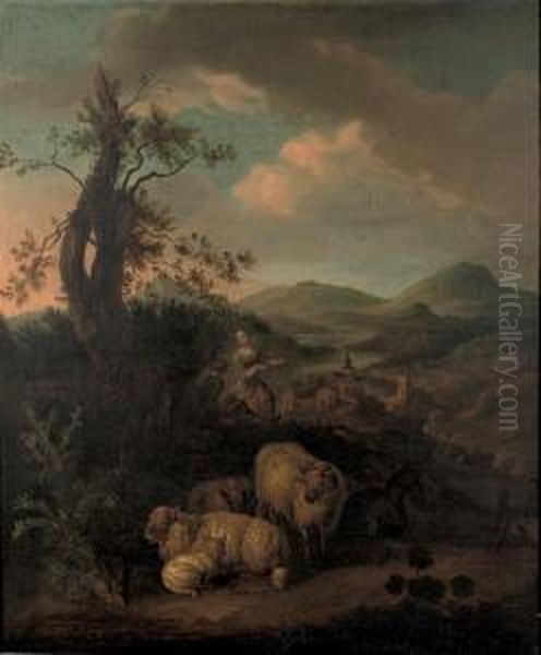 A Wooded Landscape With A Shepherdess And Her Flock Oil Painting by Simon van der Does