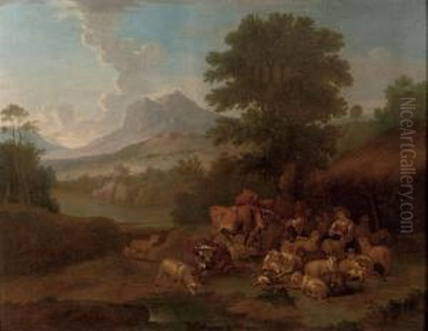 A Peasant Resting With His Herd In An Italianate Landscape Oil Painting by Simon van der Does