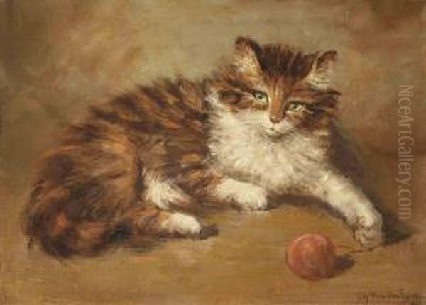 A Cat Playing With Wool Oil Painting by Charles Van Der Eycken