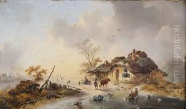 Hollands Rivierlandschap Metijsschaatsers Oil Painting by Charles Van Der Eycken