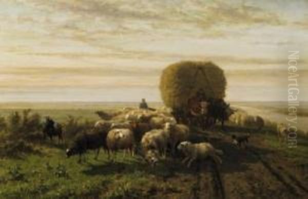 Haywagon Surrounded By Herd Of Sheep. Signed Bottom Right: H.v.d. Flier F Oil Painting by Helmert Richard Van Der Flier