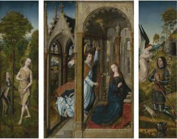 A Triptych:
 Central Panel: The Annunciation
 Left Inner Wing: Temptation Of Eve In The Garden
 Left Outer Wing: Saint James The Greater
 Right Inner Wing: An Angel Appearing To A Donor Figure
 Right Outer Wing: Saint Thomas Aquinas Oil Painting by Follower of Hugo van der Goes