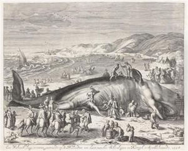 Stranded Whale Between Scheveningen And Katwyck Oil Painting by Willem Gillem Van Der Gouwen /