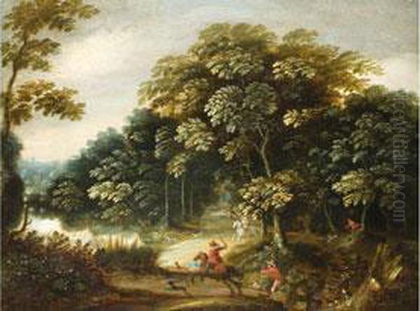 Waldlandschaft Mit Reitenden Jagern Oil Painting by Gommaert Van Der Gracht