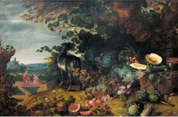 An Extensive Landscape With An Exotic Array Of Flowers, Fruit And Vegetables With A Goat By A Tree; A Scene Depicting 'noli Me Tangere