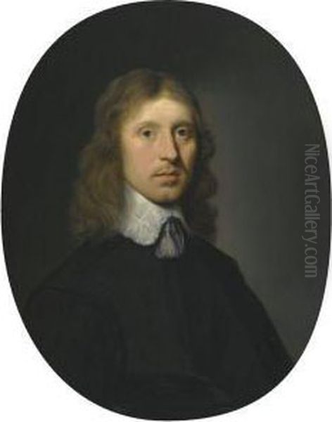 A Bust Portrait Of A Gentleman In Black With A Lace Collar Oil Painting by Jacobus Van Der Gracht