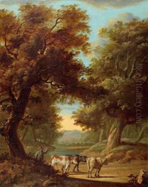 Cows In A Forest Landscape. Oil Painting by Cornelis Van Der Grient