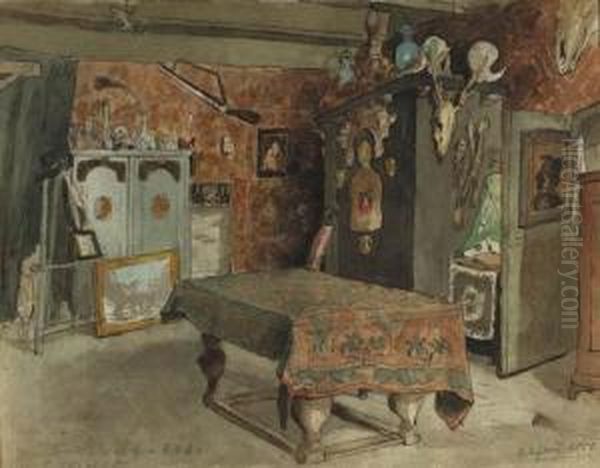 Two Views Of A Room In The Artist's House In Delft; Studies Of Adog And A Classical Sculpture (verso) (2) Oil Painting by Cornelis Van Der Grient