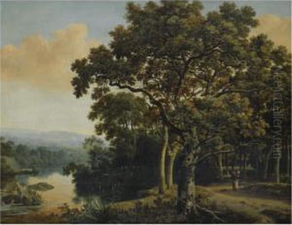 A Wooded Landscape With A Gypsy Woman With Two Children On A Path, Beside A Lake At Sunset Oil Painting by Joris Abrahamsz Van Der Haagen