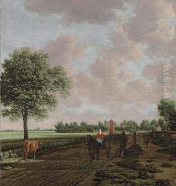 A Pastoral Landscape With A Woman Driving A Horsecart And Othertravellers On The Path, A Windmill Beyond Oil Painting by Joris Abrahamsz Van Der Haagen