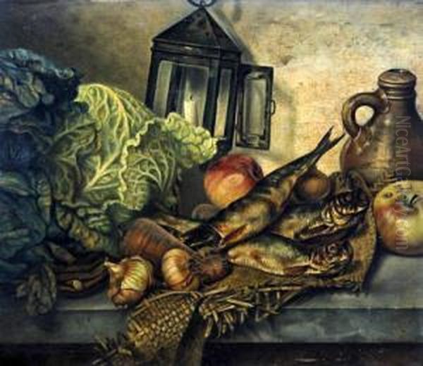 Still Life Of Fish, Vegetables, Jug And Lamp Oil Painting by Hermina Van Der Haas