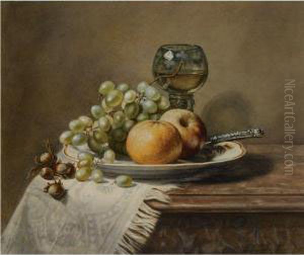 A Still Life With A Glass, Fruit On A Plate And Hazelnuts On Aledge Oil Painting by Hermina Van Der Haas