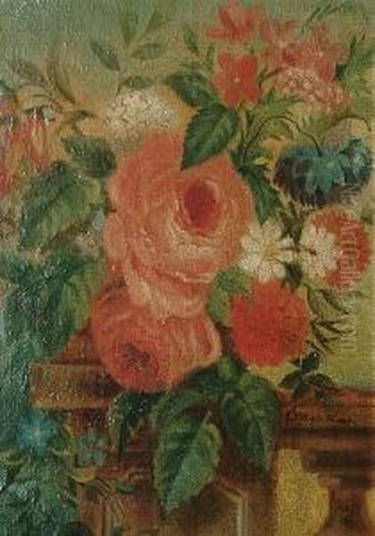 Still Life Of Flowers On A Balustrade Oil Painting by Hermina Van Der Haas