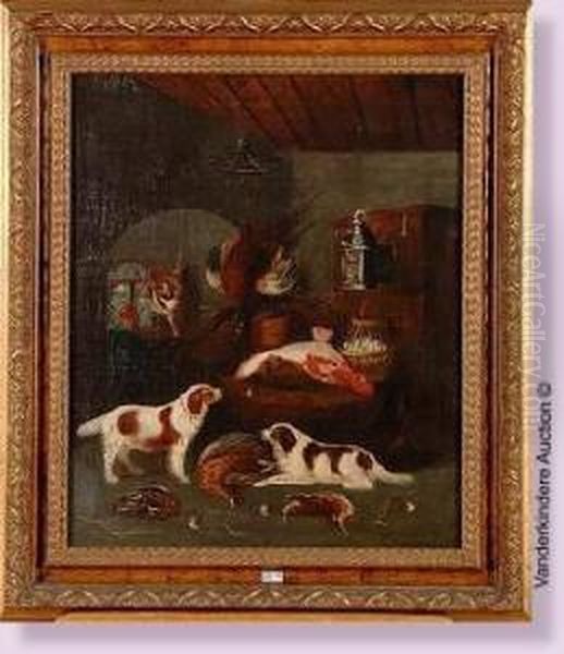 Chiens Devant Une Nature Morte Au Gibier Et Aux Poissons Oil Painting by Joris van der Haagen or Hagen