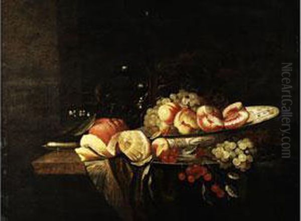 Prunkstilleben Mit Fruchten In Einer Fayenceschale Mit Glasgefass, Sektkelch Und Messer Oil Painting by Joris van der Haagen or Hagen