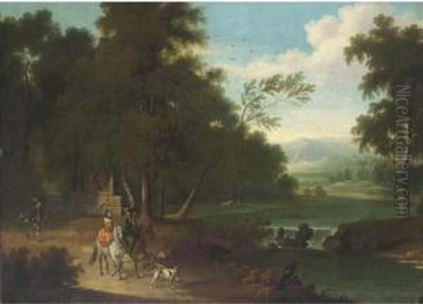 An Extensive Wooded River Landscape With A Hawking Party On Atrack Oil Painting by Joris van der Haagen or Hagen