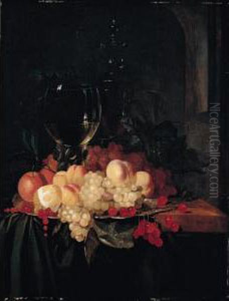 Still Life Of A Roemer And A Wine Glass Together With Cherries, Peaches, Grapes, Redcurrants, Oranges And A Lemon, Arranged On A Silver Plate On A Wooden Ledge Draped With A Green Cloth Oil Painting by Joris van der Haagen or Hagen