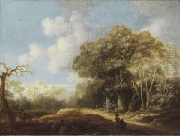 A Stag Hunt In A Wooded Landscape Oil Painting by Joris van der Haagen or Hagen