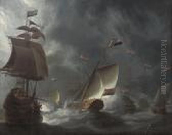 The Dutch Fleet Firing A Salute As The Prince Of Orange's Yacht Arrives At The Anchorage Oil Painting by Joris van der Haagen or Hagen