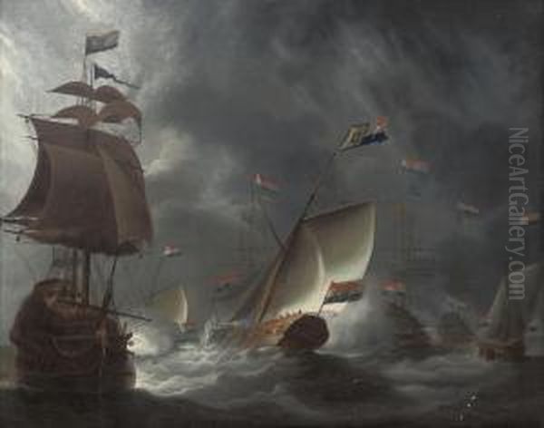 The Dutch Fleet Firing A Salute As The Prince Of Orange's Yachtarrives At The Anchorage Oil Painting by Joris van der Haagen or Hagen