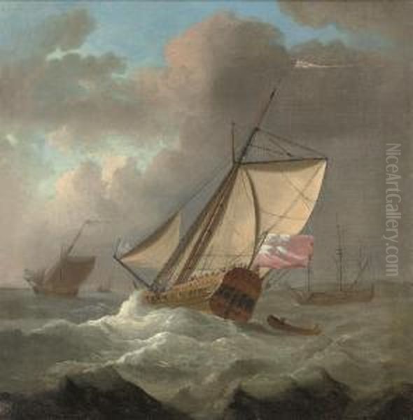 An Admiralty Yacht Heeling In A Stiff Breeze Oil Painting by Joris van der Haagen or Hagen