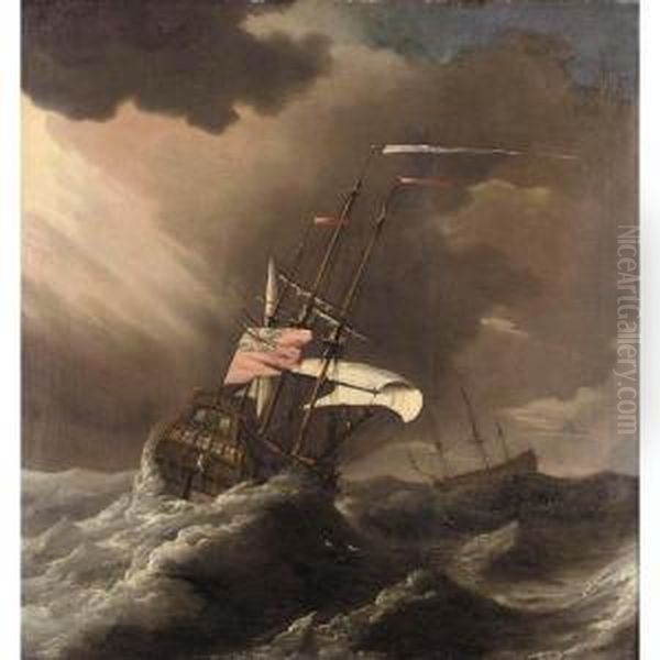 A&nbsp;british Man-o-war In Heavy Seas Oil Painting by Joris van der Haagen or Hagen