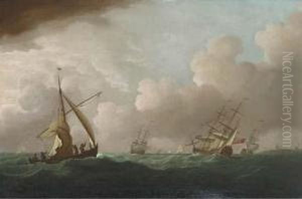 English Men-o'war And Other Shipping In A Swell Off Flushing Oil Painting by Joris van der Haagen or Hagen